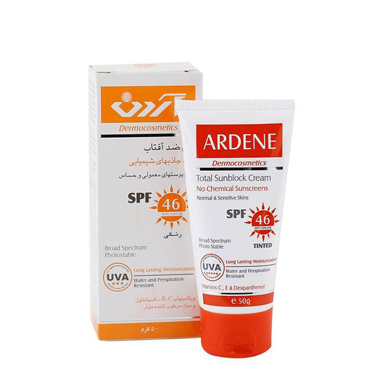 کرم ضد آفتاب رنگی SPF46 آردن فاقد جاذب های شیمیایی مناسب پوست های معمولی و حساس ۵۰ گرم