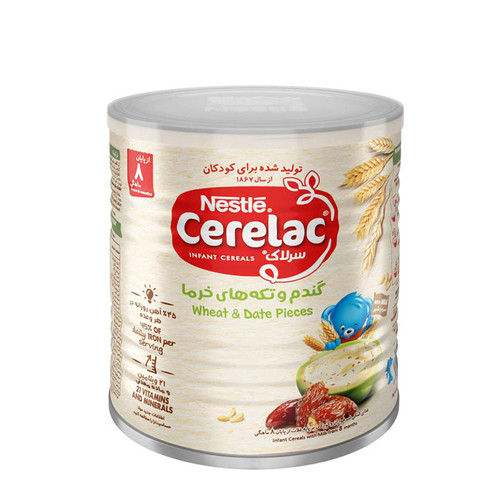 سرلاک گندم و تکه های خرما به همراه شیر نستله مناسب کودکان از پایان ۸ ماهگی ۴۰۰ گرم