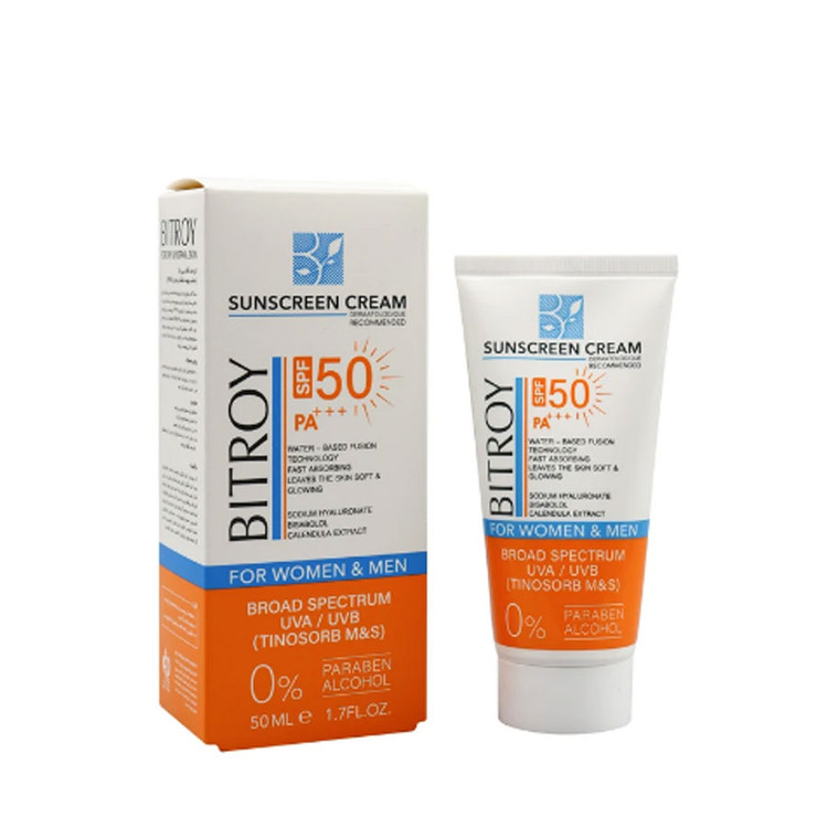 کرم ضد آفتاب بدون رنگ بیتروی SPF 50 مدل فیوژن واتر مناسب پوستهای خشک حجم 50 میلیلیتر