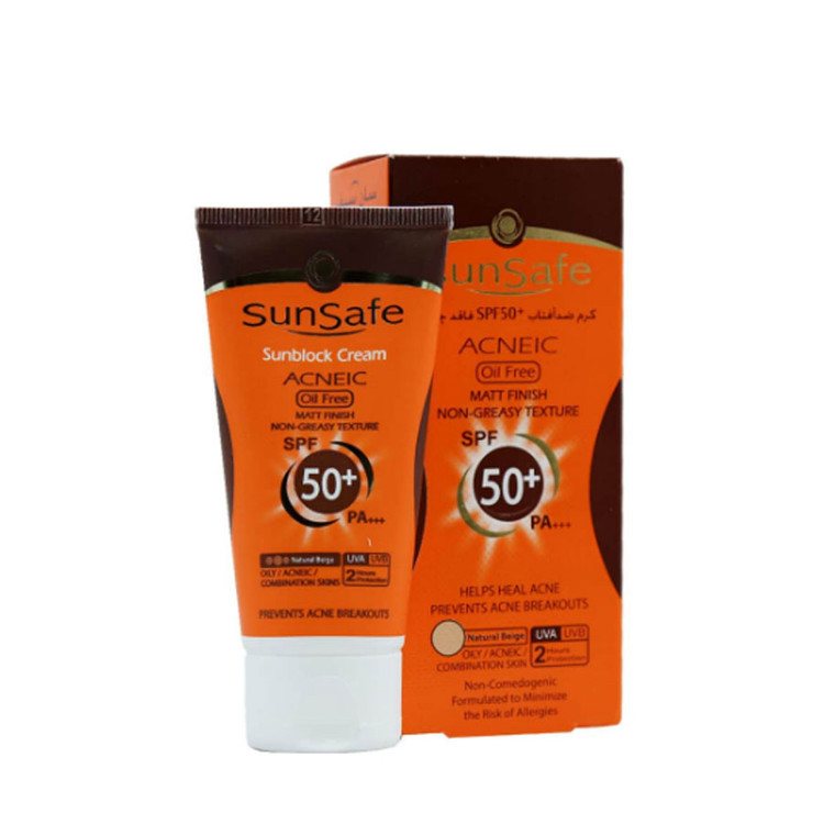 کرم ضد آفتاب SPF50 فاقد چربی سان سیف مناسب پوست های چرب و آکنه ای ۵۰ میلی لیتر | بژ طبیعی