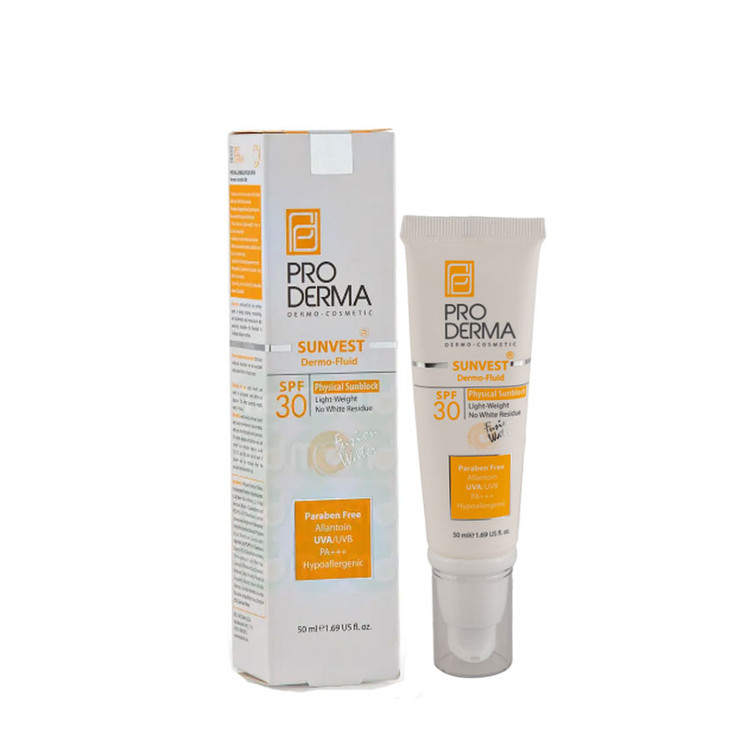 فلوئید ضد آفتاب فاقد جاذب های شیمیایی پرودرما پوست معمولی و حساس SPF30